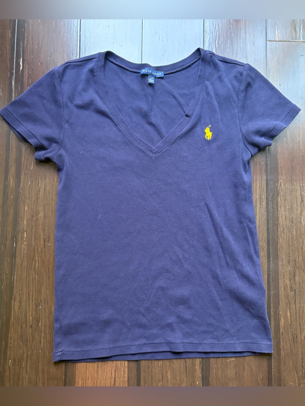 Ralph Lauren Short Sleeve V-Neck Tee Large Navy Yellow Pony preppy old money